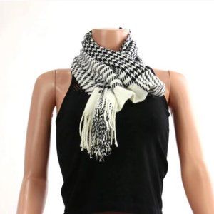 FRINGE ACCESSORIES SCARF WITH FRILLS TASSELS BLACK WHITE HOUNDSTOOTH 12" x 64"
